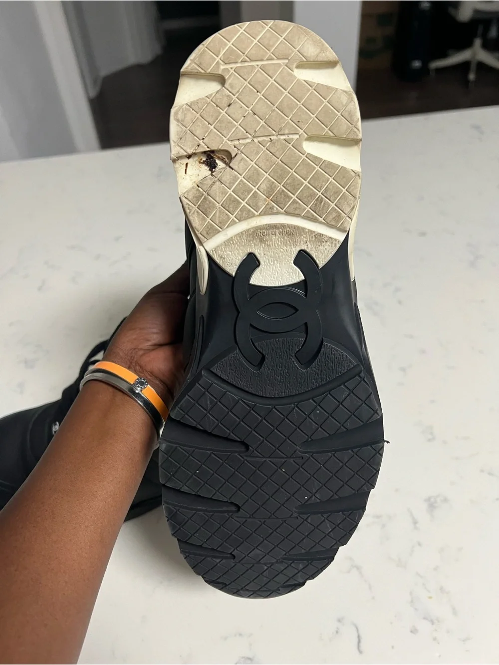 CHANEL Black Men's High-Top Leather Sneakers with Logo Tab